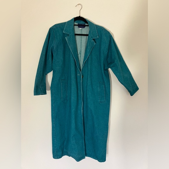 100% Cotton, Long green denim coat- W Large - Picture 1 of 4